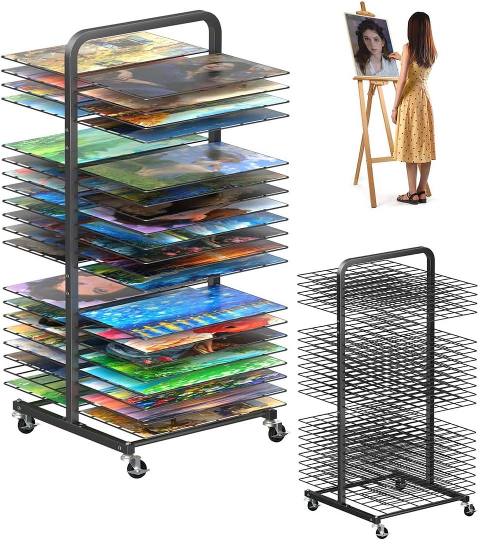 mocomax Art Drying Rack for Painting, Metal Paint Drying Stand with 40 Removable Shelves, Movable Paint Drying Rack with Lockable Wheels, Art Canvas Storage Rack for Classrooms & Art Studios, Black