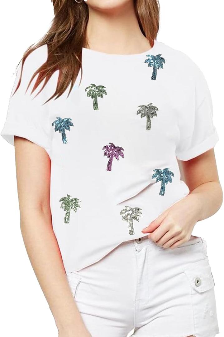 Women Hawaiian Shirt Tropical Shirts Coconut Tree Sequin T Shirt Hawaiian Family Vacation Tee Top (White, S)