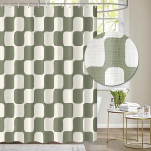 Tititex Retro Checkerboard Grid Pattern 140gsm Faux Linen Fabric Shower Curtain, Beige Sage Green Classical Groovy Wavy Checkered Shower Curtain Sets Decoration 72x78 Inch with Hooks