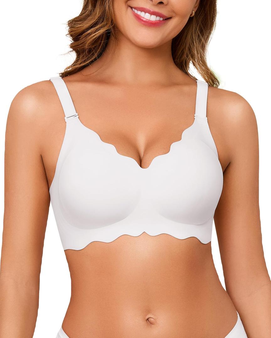 Guhaha Seamless Bras Women Wireless Comfort Push Up T-Shirt Bra Full Coverage V-Neck Bralette Soft Everyday Wea White M