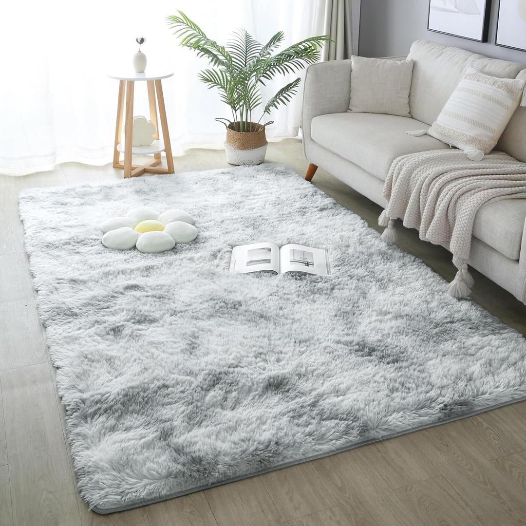KICHOWUA 5x8 Light Grey Fluffy Shag Area Rug for Bedroom, Soft Plush Fuzzy Washable Non Slip Carpet for Living Room, Modern Cozy Furry Shaggy Large Rug for Kids Baby Boys Nursery Dorm, Tie-Dye Gray