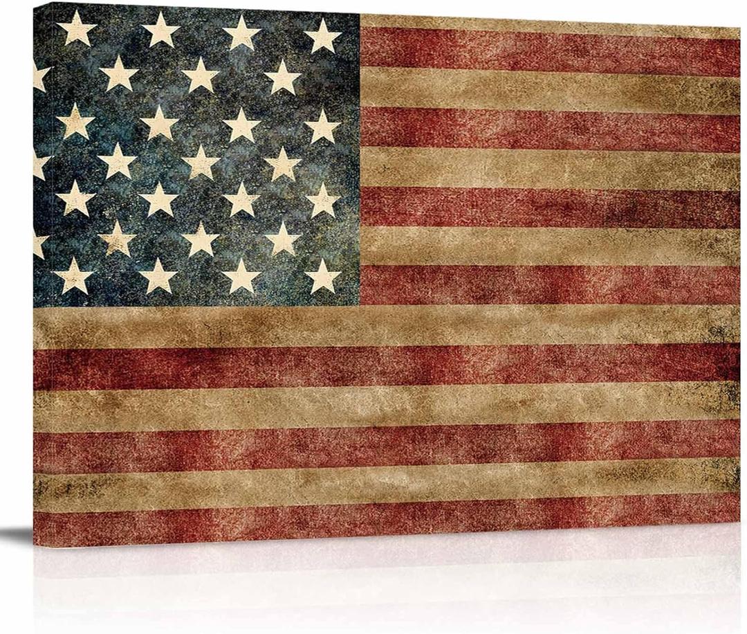Vintage American Flag Canvas Print Wall Art - Patriotic Retro USA Flag Star Stripes - Wall Decor Modern Artwork Paintings Pictures for Living Room Stretched and Framed Ready to Hang - 24" x 36"