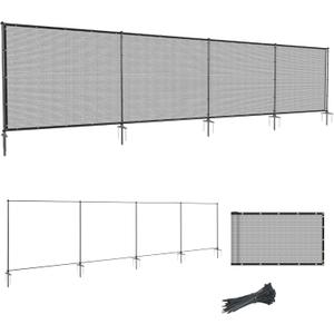 SunnyRoyal 5' x 24' Privacy Fence Screen Panel with Iron Poles Freestanding No Dig Heavy Duty Windscreen Mesh Fabric Temporary Dog Fencing for Outdoor Backyard Patio Garden (Light Gray)