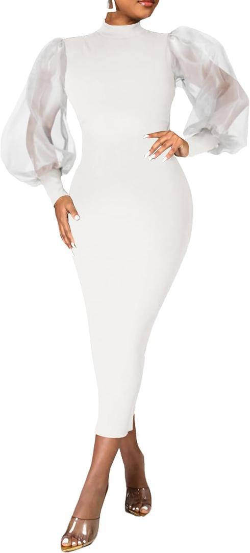 Ekaliy Women's See Through Bodycon Dress Sheer Mesh Long Puff Lantern Sleeve Dress Sexy Club Party Midi Dress Clubwear (3X-Large, White)