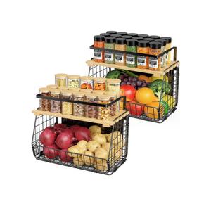 Magnetic Shelf for Fridge with Wood Lid: 2 Pack Fruit Potato and Onion Storage Bin - Magnetic Spice Rack for Refrigerator & Kitchen Counter - Pantry Organizers and Storage