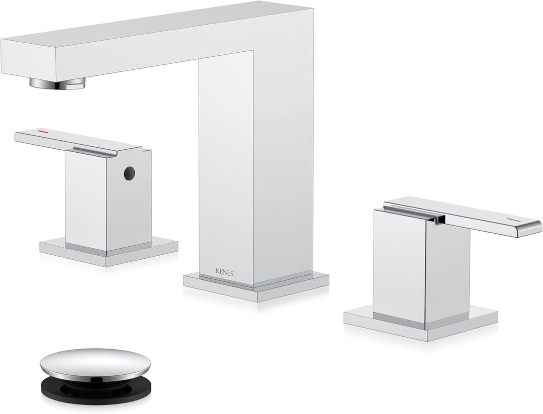 KENES Polished Chrome Widespread Bathroom Faucet 2 Handle Bathroom Sink Faucet 3 Hole, 8-Inch 3 Pieces Vanity Faucet with Pop Up Drain & Supply Lines, KE-9050-5-P