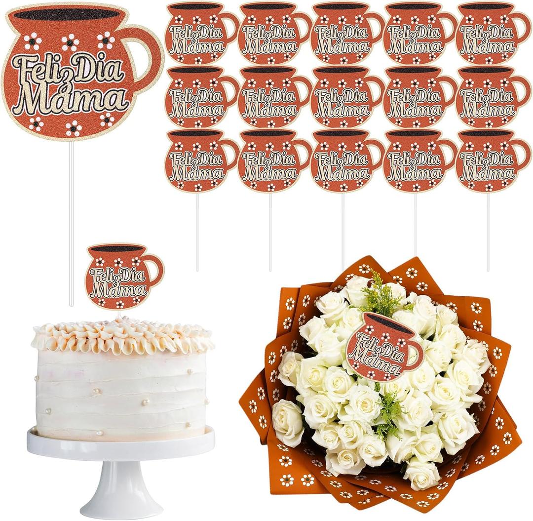 Weysat 15 Pcs Mother's Day Cake Toppers Feliz Día Mama Flower Bouquet Topper Cupcake Picks Mexican Happy Mothers Day Cake Decorations Fiesta Party Supplies for Mama Birthday