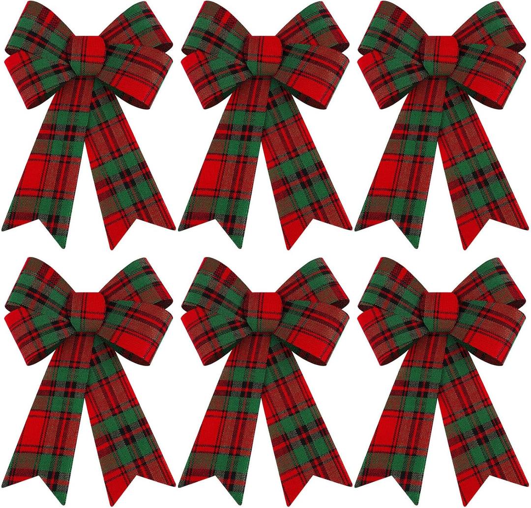 Aneco 6 Pack Red and Green Buffalo Plaid Christmas Wreaths Velvet Bows for Indoor and Outdoor Decorations (9 x 12 inches)