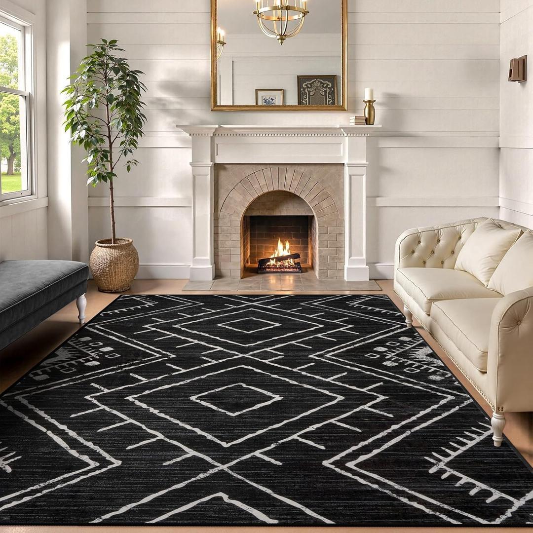 LIVEBOX Moroccan 8x10 Area Rug, Black Washable Rugs for Living Room Bedroom, Non Slip Western Tribal Rug Low Pile Geometric Large Area Rugs Diamond Carpet for Dining Room Home Office Decor Playroom