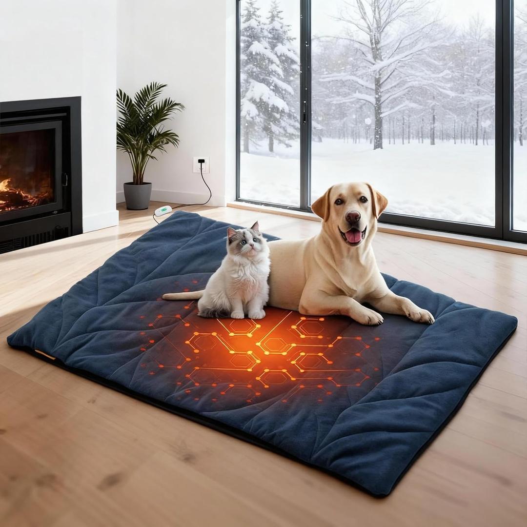 Dog Heating Pad (31"x20") - Waterproof Electric Heated Mat & Pet Bed for Indoor and Outdoor Use, Chew Resistant Cord, Machine Washable Cover with Wheat Pattern Quilting, for Cats and Pets (Medium, Navy Blue)