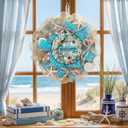 Summer Beach Door Decor 11.8 Inch Summer Beach Wreath for Front Door Starfish Seashell Hanging Sign Blue Coral Wall Hanger for Home Office Porch Indoor Outdoor Party Decor
