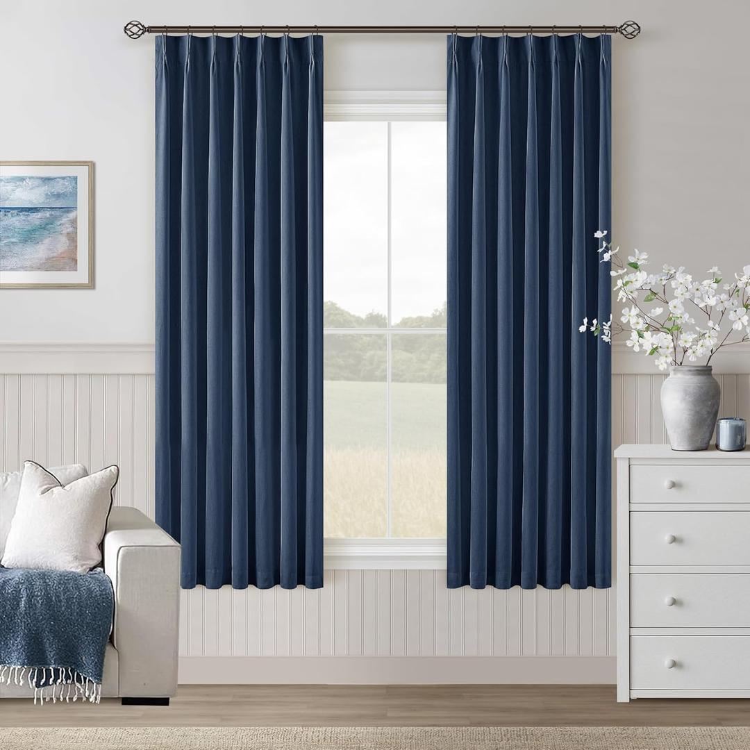 Navy Blue Black Out Curtains 63 Inch Long for Bedroom Pinch Pleated with Rings Hooks Back Tab Thermal Insulated Short Linen Blackout Drapes Farmhouse Living Room Darkening Kitchen Dark Blue Curtains (40"W x 63"L (Pack of 2))