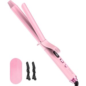 FARERY Long Barrel Curling Iron 1 Inch, Extra Long Curling Iron for Thin Hair, Infused Argan Oil & Keratin, 11 Adjustable Temp, Include Clips & Silicone Pad, Pink