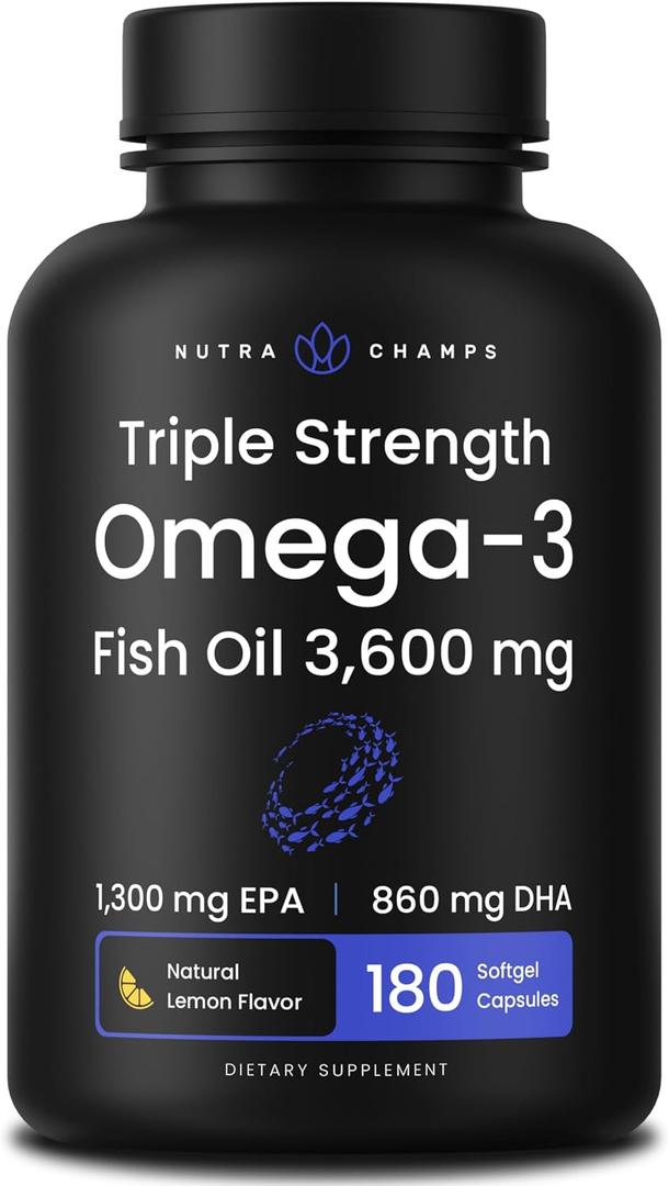 Triple Strength Omega 3 Fish Oil 3600 mg | EPA & DHA | 180 Softgels | Burpless Fish Oil Supplement, Wild Caught | Over 2100mg Omega-3 Fatty Acids Supplements | Natural Lemon Flavor Omegas 3 Pills, EXP: 04/2027