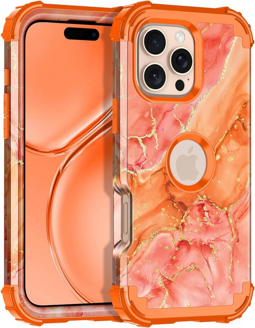 Casetego for iPhone 16 Pro Max Case,Three Layer Heavy Duty Sturdy Shockproof Protection Full Rugged Hard PC+Soft TPU Bumper Protective Girls Case for Apple iPhone 16 Pro Max 6.9 inch,Orange/Gold