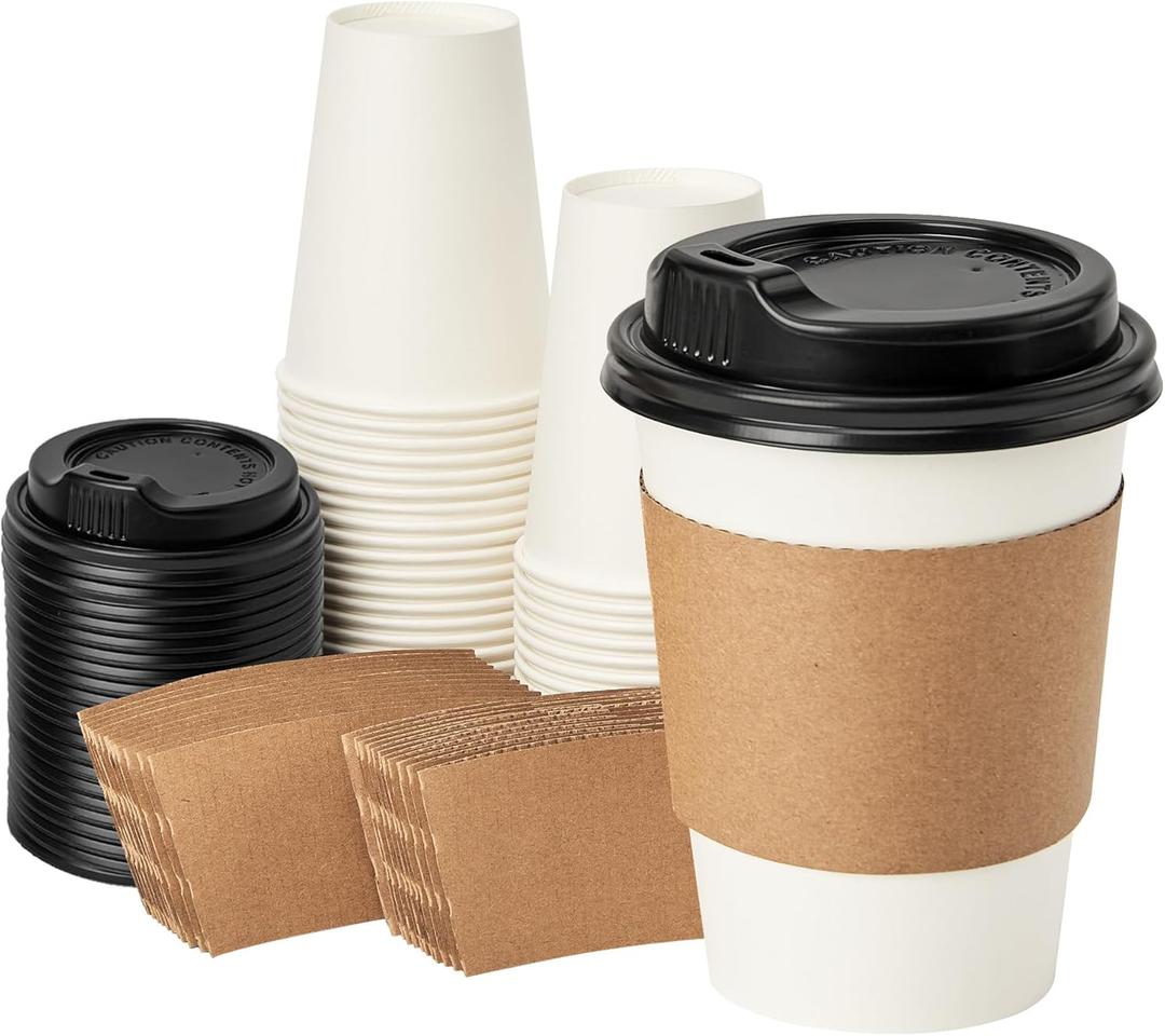 RACETOP 12 oz 50 pack Disposable Paper Coffee Cups with Lids and Sleeves (White)