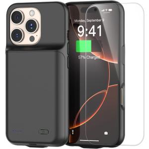 2025 New Upgraded 7000 mAh Travel Battery Case for iPhone 16Pro 6.3inch, Extra Battery Life 15W Fast Charging External Rechargeable Portable Charging Case with HD Tempered Protective Film (16Pro, 6.3", with Tempered Protective Film, Black)