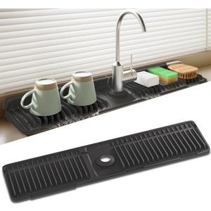 Faucet Mat for Kitchen Sink, 24 Inch Longer Silicone Sink Splash Guard, 7Slope Fast Self-draining, Fast Drying Tidy Faucet Mat Splash Guard (Black)