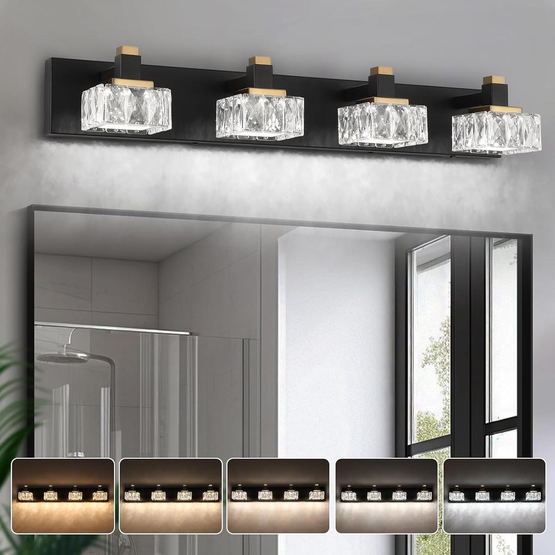 Bathroom Vanity Lights Over Mirror,4-Light Dimmable 5CCT Led Vanity Lights Black Gold Crystal Wall Sconce Lighting 29.92 inches Modern Vanity Light for Bathroom,Bedroom,Living room(3000K-6000K）