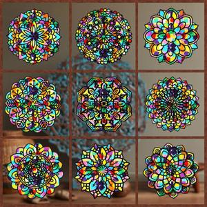 18 Pack Colorful Mandala Window Clings DIY Kit Stained Glass Kits for Adults Suncatchers for Windows Arts and Crafts DIY for Adults Mandala Sun Catcher for Beginner Teens, 6 x 6 Inches