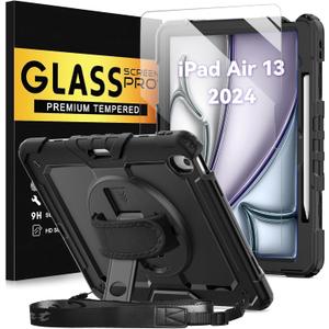 BLOSOMEET Protective Case for iPad Air 13 Inch M3 2025 & M2 2024 with Tempered Glass Screen Protector & Pencil Holder,Rugged Construction iPad Air 13 Cover with Stand Hand Shoulder Strap (Black)