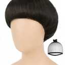 ANOGOL Hair Cap + Short Black Bowl Cut Wig Men with Bangs Black Mushroom Wigs 60s Wig Mens Funny Wigs for Movie Halloween Cosplay Costume Party Christmas