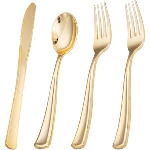 Liacere 200Pcs Gold Plastic Silverware-Gold Plastic Cutlery - Disposable Silverware include 100 Forks 50 Spoons 50 Knives Perfect for Parties&Weddings&Restaurants&Thanksgiving