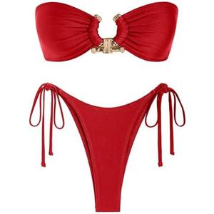ZAFUL Womens Two Piece Bathing Suit Bandeau Bikini Set High Cut Tie Side Bikini Bottom Metal Ring Swimsuit Shiny Red L