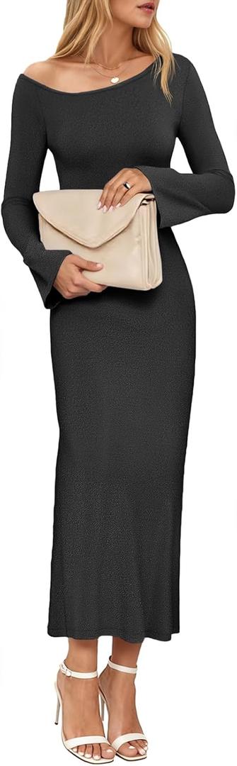 Wenrine Womens Fall Off The Shoulder Bodycon Sweater Dress 2025 Formal Long Sleeve Elegant Cocktail Party Maxi Dresses (Black)