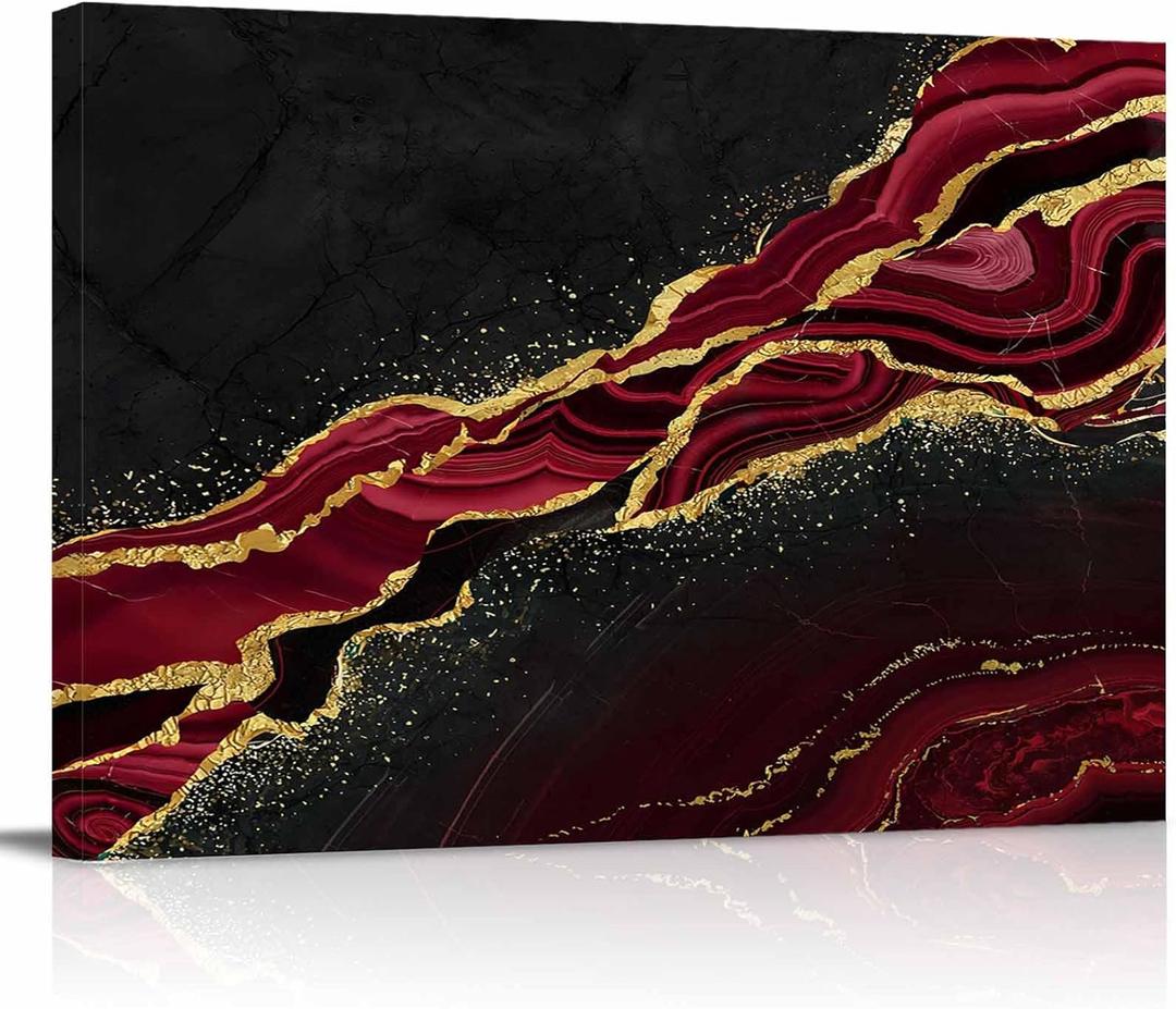 Red Black Marble Canvas Print Wall Art - Abstract Gold Texture Vintage - Wall Decor Modern Artwork Paintings Pictures for Living Room Stretched and Framed Ready to Hang - 16" x 24"