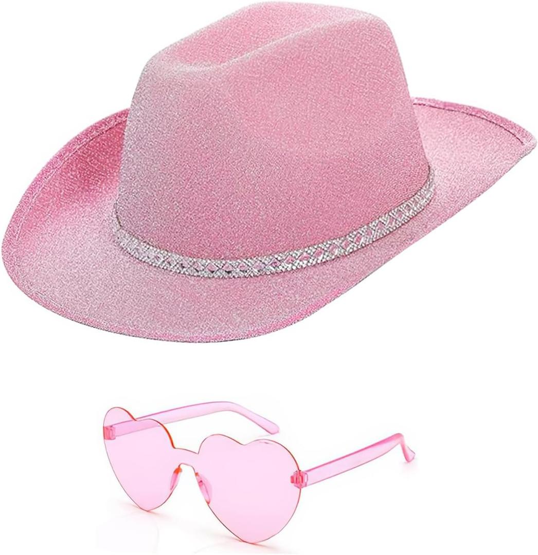 DAJOOEE Cowgirl Hat with Heart Sunglasses Glitter Cowboy Hat for Women Cosplay Bachelor Party Costume Hats (Small, Pink)