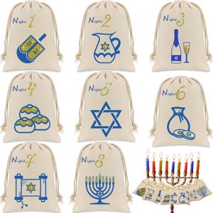 Kigeli 8 Pieces 8 Nights of Hanukkah Gift Bags Hanukkah Countdown Drawstring Burlap Bags Chanukah Reusable Drawstring Gift Bags Festival of Lights Linen Treat Goodie Bags Hanukkah Party Gifts
