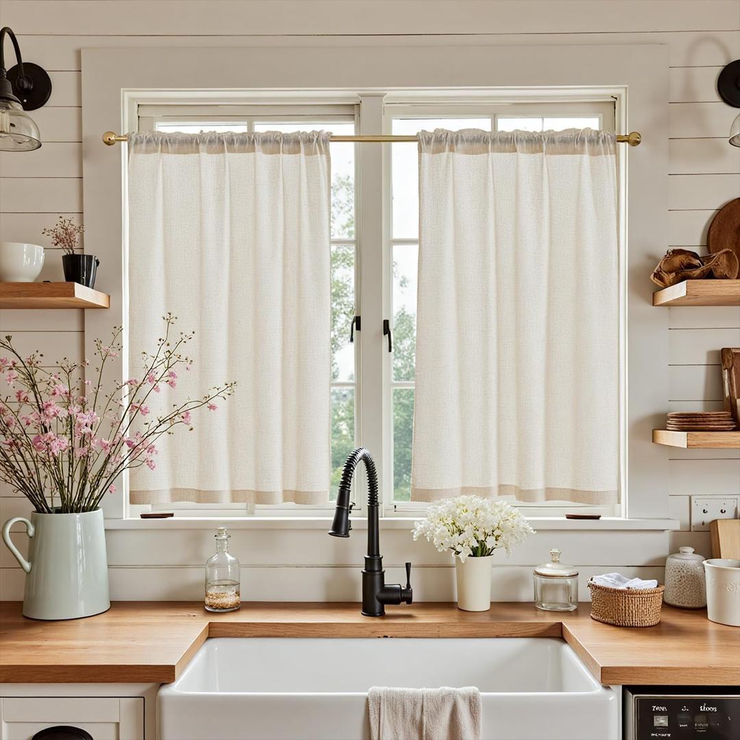 jinchan Beige Linen Kitchen Curtains 45 Inches Farmhouse Cafe Curtains Light Filtering Flax Country Rustic Bathroom RV 2 Panels Crude