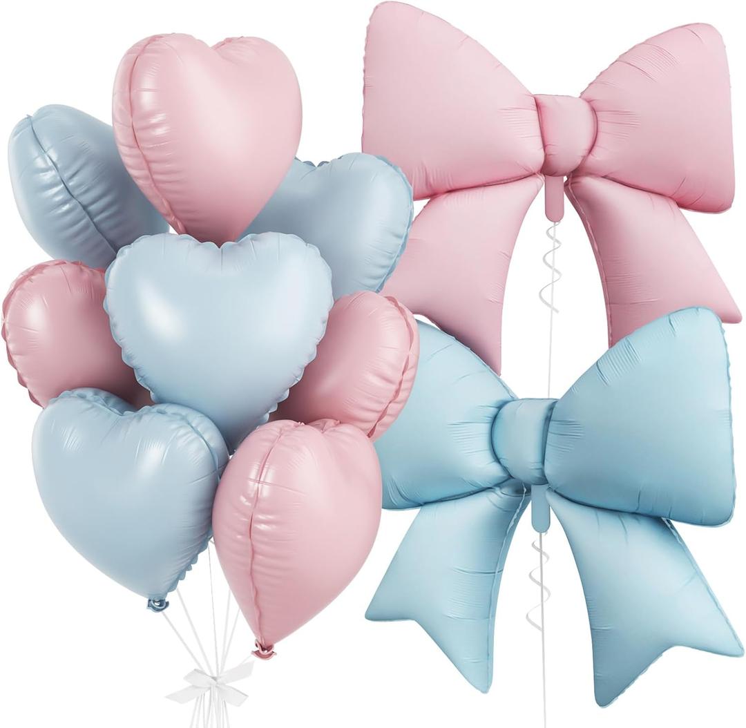 Blue Pink Heart Balloons, Foil Bow Balloons, 10Pcs 18 Inch Heart Shaped Balloon and 38 Inch Helium Pink and Blue Bow Balloon for Boys Girls Birthday Baby Shower Gender Reveal Wedding Party Decor