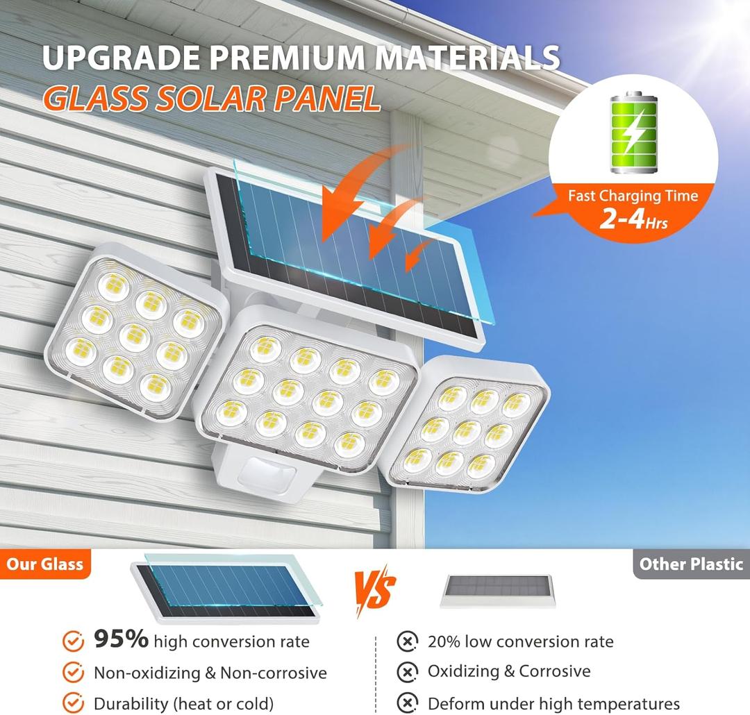 WdtPro Solar Lights Outdoor Motion Sensor, 3500LM Bright Solar Flood Lights Outdoor, Adjustable & Upgrade Glass Panel, Wireless LED Solar Powered Security Spot Lights Waterproof for Yard-1Pack, White