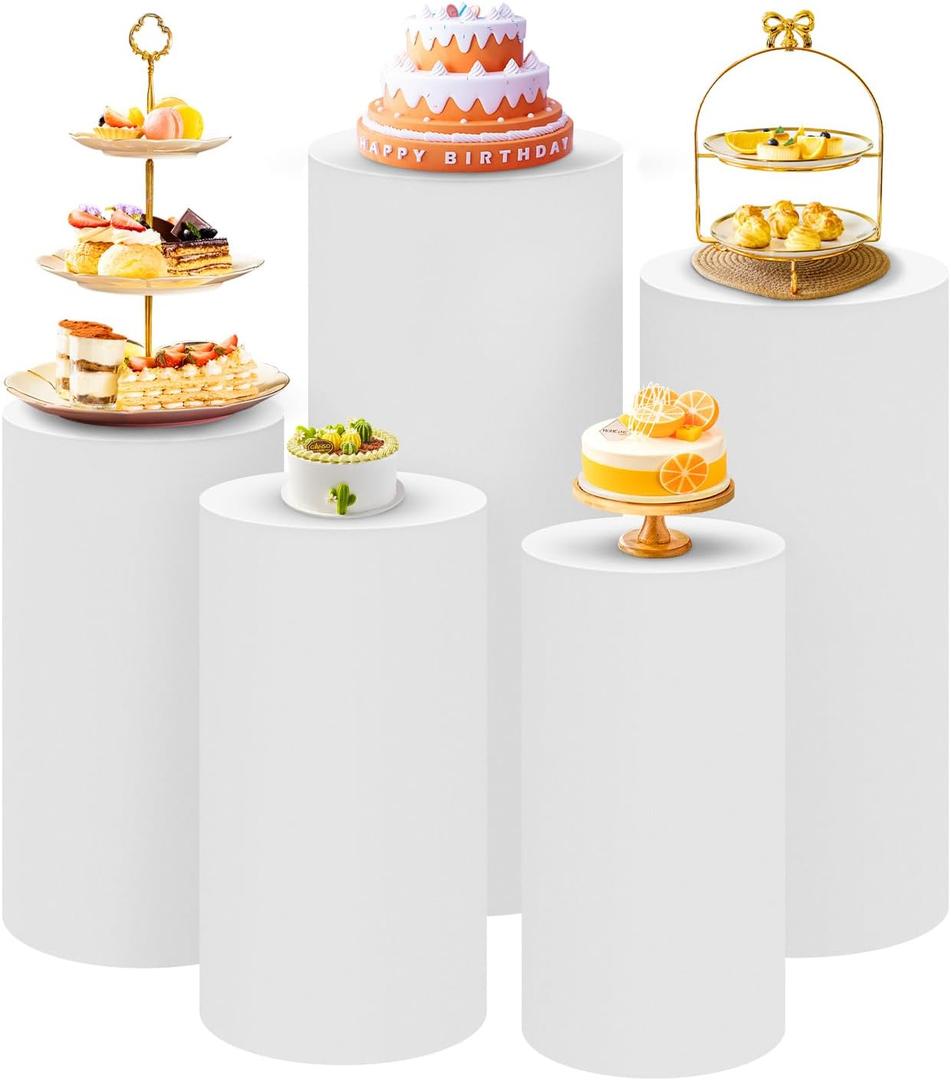 SaitiMade Set of 5 - White Cylinder Pedestal Stand Covers, Spandex Cylinder Stand Covers for Party, Wedding or Birthday Event Decor - Only Contains Cylinder Covers