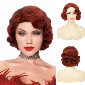 Red Finger Wave 1920s Wigs for Women Short Synthetic Hair Wig Cosplay Halloween Costume Wig(Brown Red)