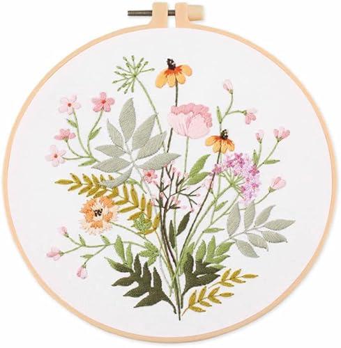 Meecaa Yellow Flower Leaves Embroidery Kit Starter Set, Hand Embroidery Set,Pattern Printed Cross Stitch Set for Beginner Adults, with Embroidery Hoop and Instructions (Flower 1)