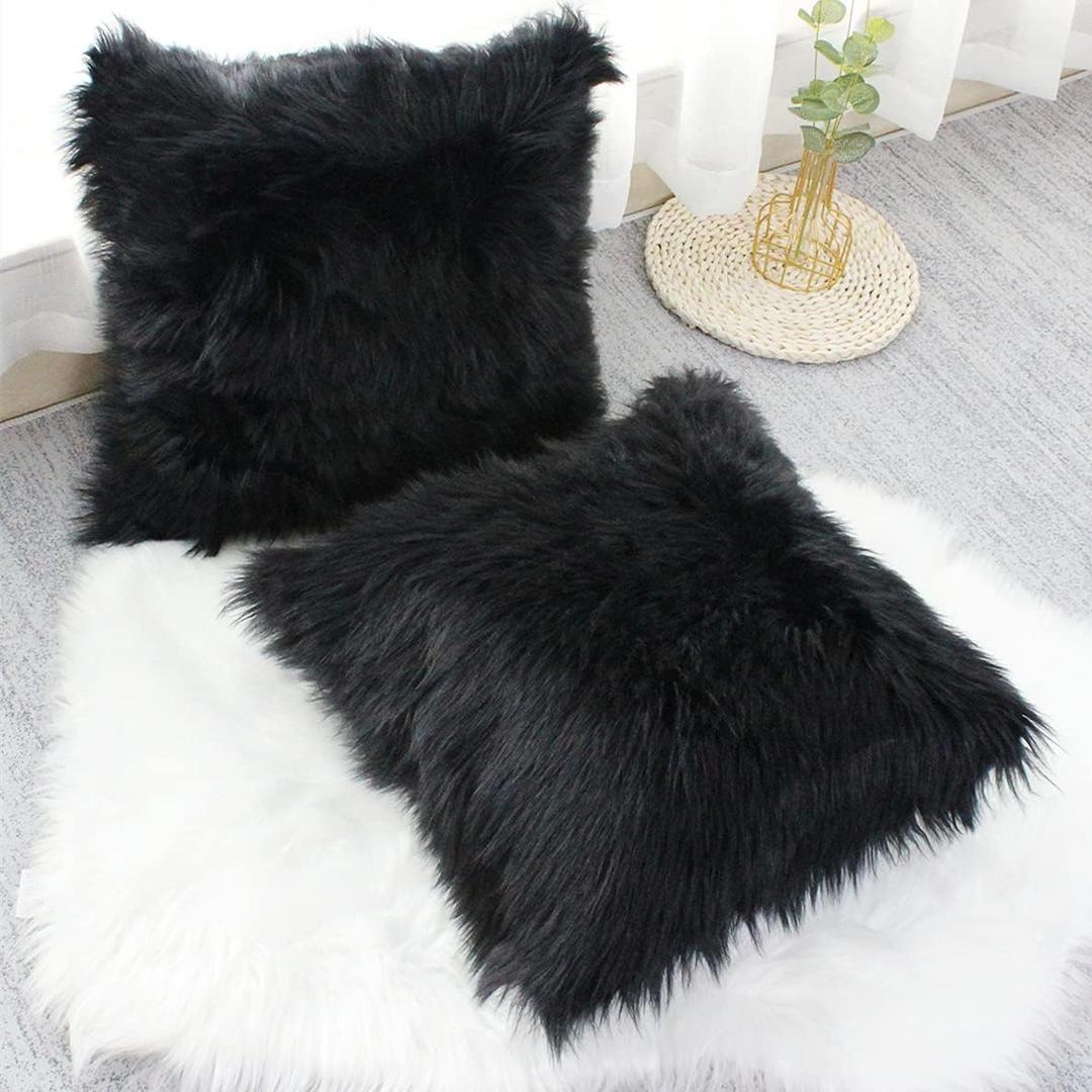 OYIMUA Fluffy Decorative Throw Pillow Covers 24x24, Faux Fur Farmhouse Luxury Pillow Cases,Soft Plush Fuzzy Black Cushion Covers for Sofa Couch Living Room Bedroom Set of 2