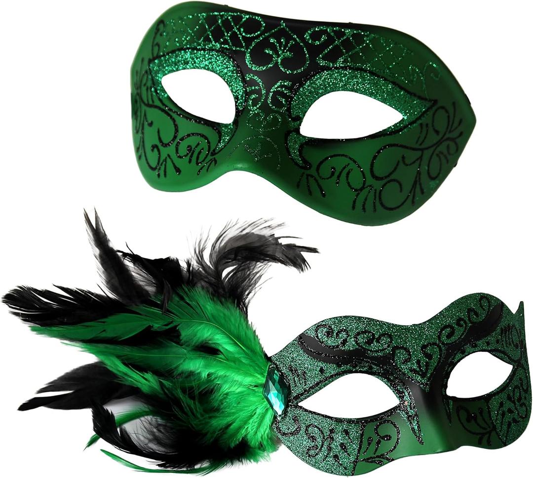 Wildarms Couple Masquerade Masks - Feather Women & Venetian Men Masks for Halloween Party, Mardi Gras Cosplay