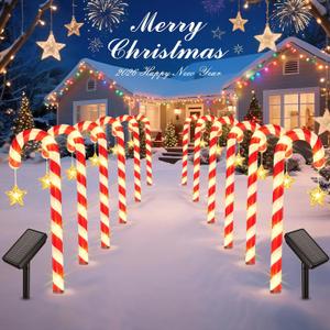 Solar Christmas Lights Outdoor Waterproof: 24-Pack Solar Candy Cane Christmas Decorations Outdoor Pathway Lights with Stakes 10 Modes, 144 LED Xmas Decorations for Yard Garden Holiday Decor