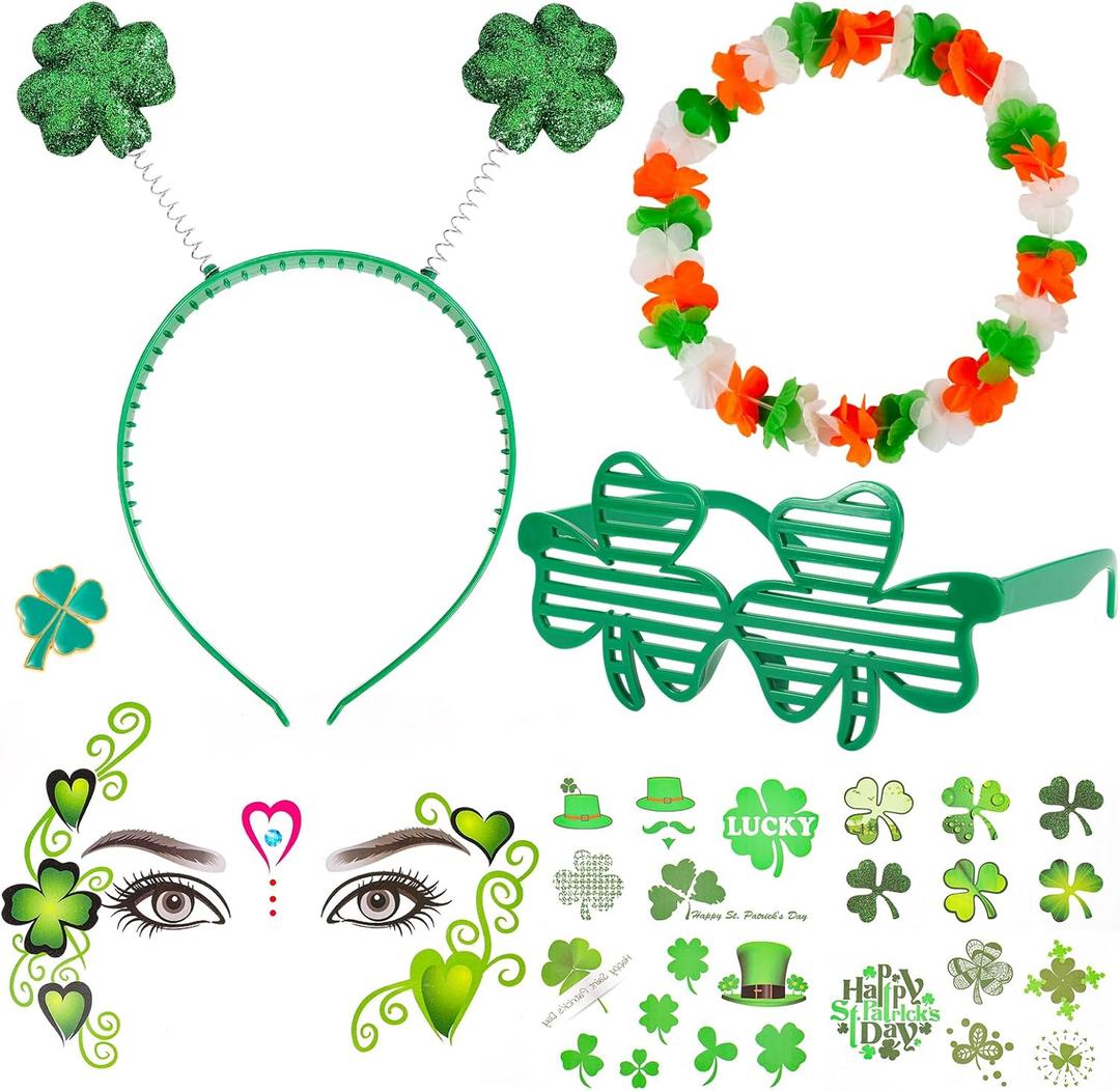 3 x DPKOW 9Pcs St Patricks Day Accessories for Women Men, Shamrock Glasses Badge Headband Lcuky Clover Temporary Tattoos Irish Lei, St Patty's Day Accessories Decorations Irish Party Favors Gifts