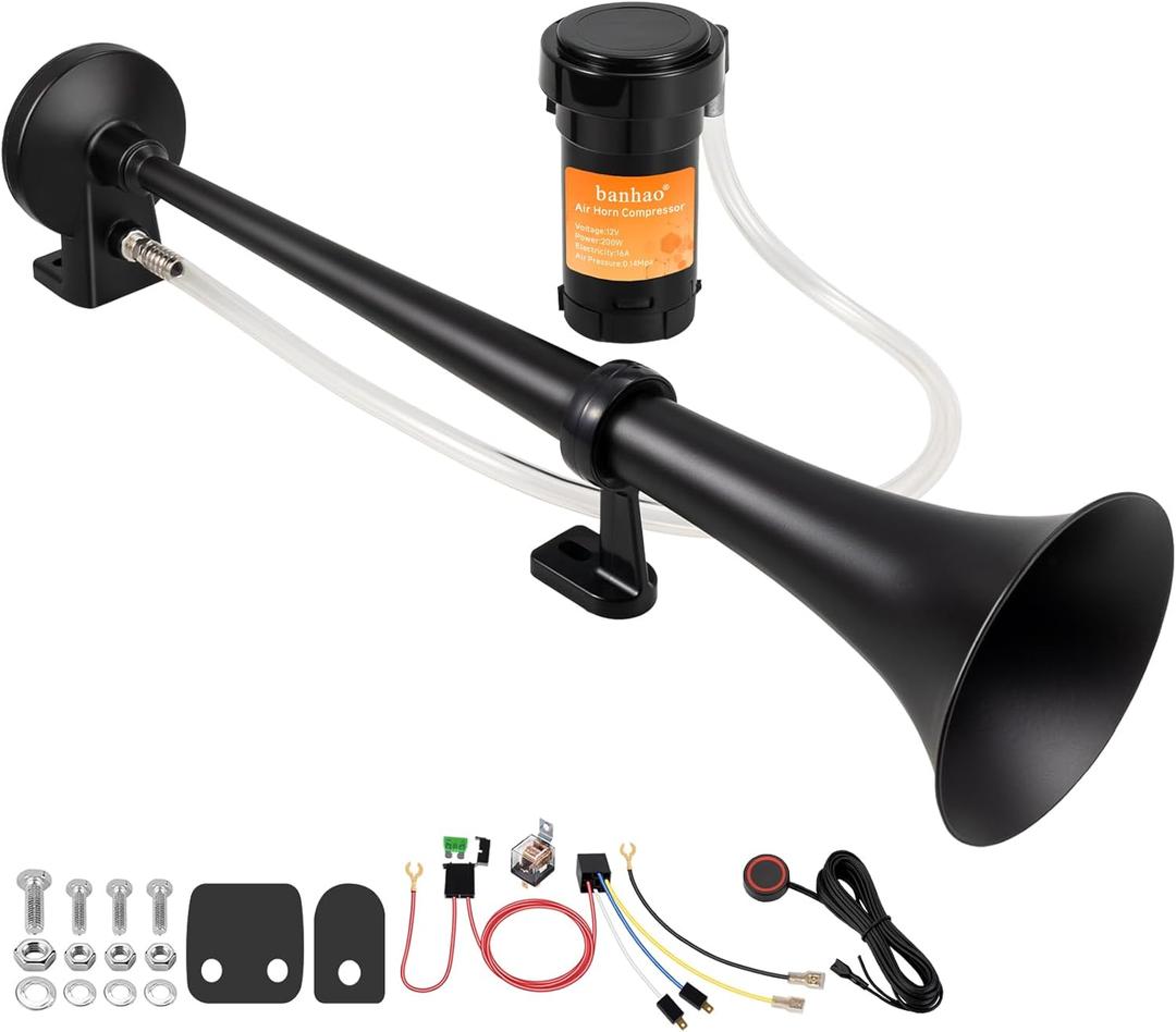 Train Horn for Truck 150db Super Loud Black Single Trumpet Truck Air Horn for Car with Compressor, Suitable for Any 12V Vehicles Cars SUV Ship Boat Lorry Pickup