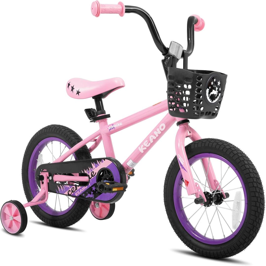 KEANO Cervine 14 16 20 Inch Kids Bike for Boys Girls Ages 3-10 Years, 14 16 Inch Toddler BMX Bikes with Training Wheels and Basket, 20 in Children Bicycles with Kickstand (Pink)