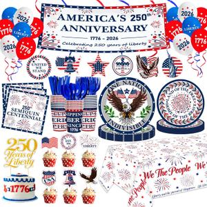 4th of July Party Supplies USA 250th Anniversary Patriotic Party Kit Include Plates Balloons Banner Tablecloth Cake Topper Napkins Cups Tableware, Serves 24