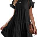 Chuanqi Womens Ruffles Boho Floral Printed Babydoll Loose Swing Casual Short Mini T-Shirt Dress (Large, Black)