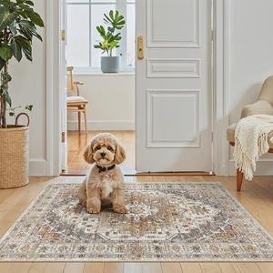 Madane Washable Area Rug 2x3, Small Entryway Rug Non-Slip Vintage Door Mat Indoor Entrance, Low Pile Floor Carpet for Inside Front Door Bedroom Kitchen Entry Laundry (2'x3', Turmeric/Grey)