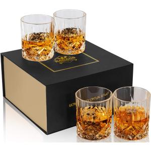 KANARS Old Fashioned Whiskey Glasses with Luxury Box - 10 Oz Rocks Barware For Scotch, Bourbon, Liquor and Cocktail Drinks - Set of 4 - Men Gift