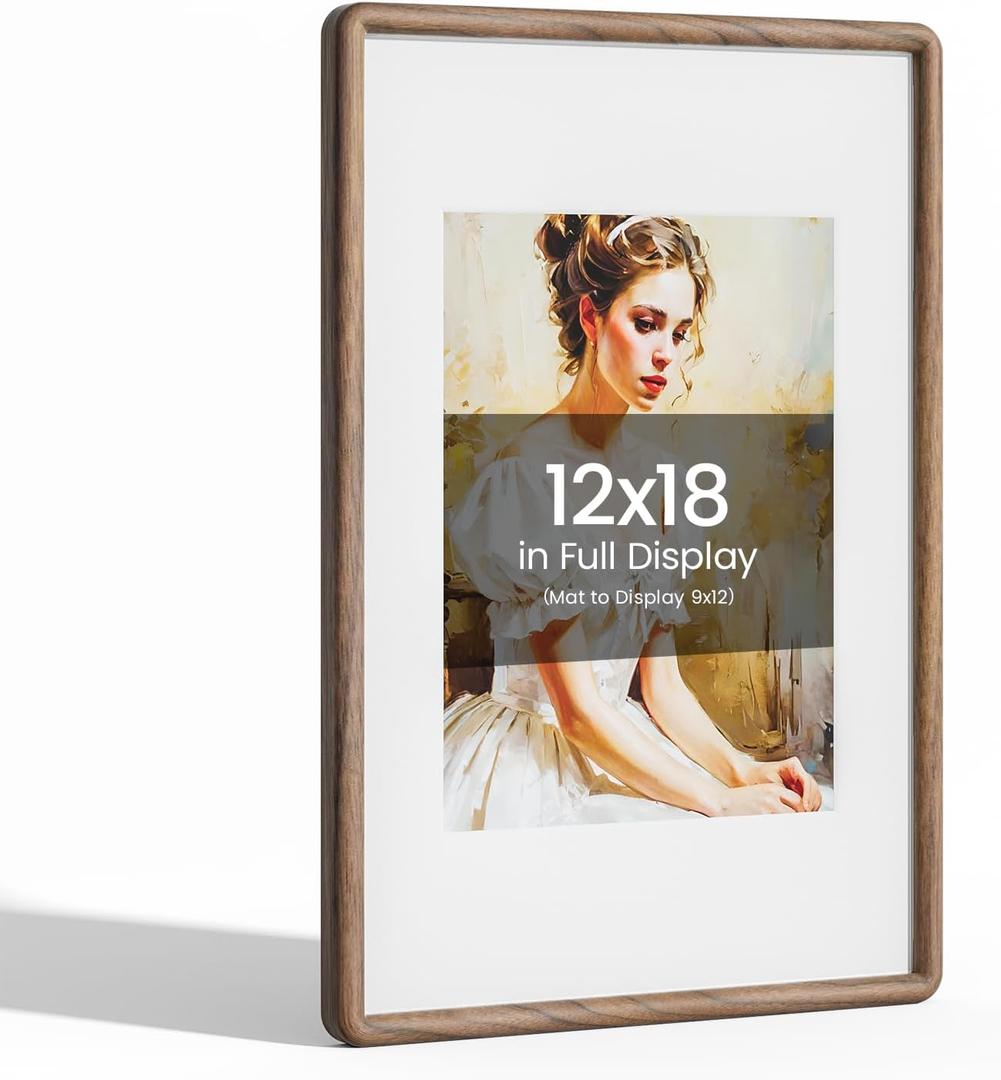 12x18 Picture Frame Natural Walnut Wood From CA-USA with Real Tempered Glass, Handcrafted 12 x 18 Diploma Frame Matted to 9x12 Photo,Certificate,Degree,Graduation Picture Display Wall Decoration