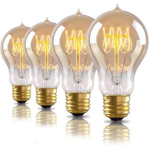4-Pack Edison Light Bulb, 60 Watts, A19 Vintage Incandescent Light Bulbs, Dimmable Old Fashioned E26 Incandescent Light Bulbs, 240 Lumens, 2100K Warm White, Amber Glass